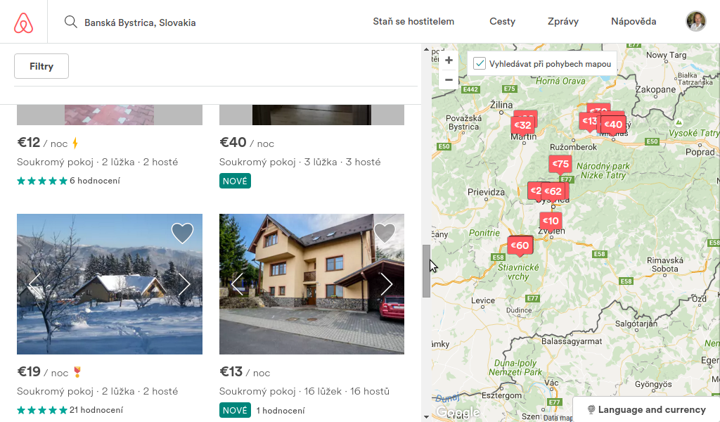 airbnb ukážka, mapa